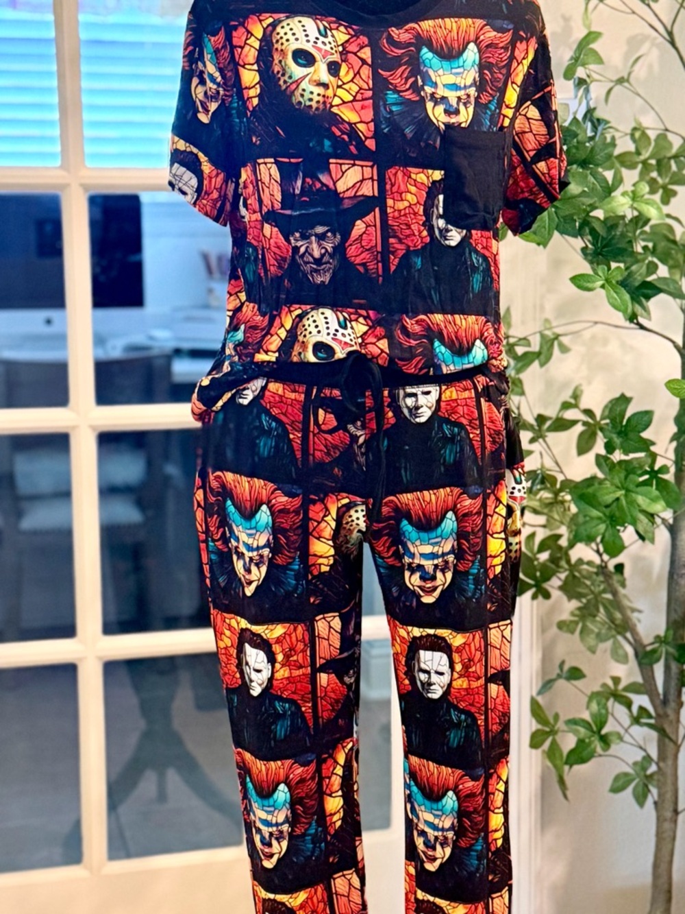 Horror Mask Print Two-Piece Lounge Set - Black with Bright Accent Colors